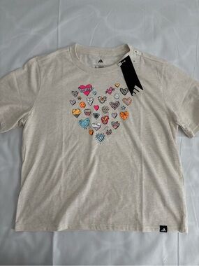 adidas Cream Short-Sleeve Tee with Multicolor Heart Icons